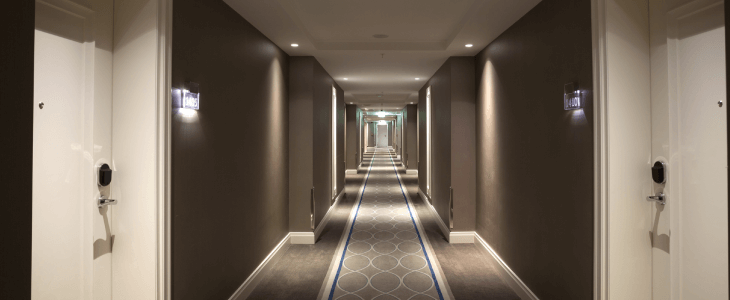 Long hotel hallway